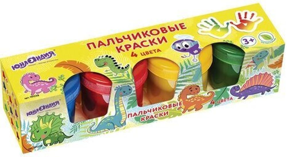 Краски пальчиковые ЮНЛАНДИЯ "ДИНОЗАВРИКИ", 4 цвета по 110 мл, в баночках, ВЫСШЕЕ КАЧЕСТВО, 191338