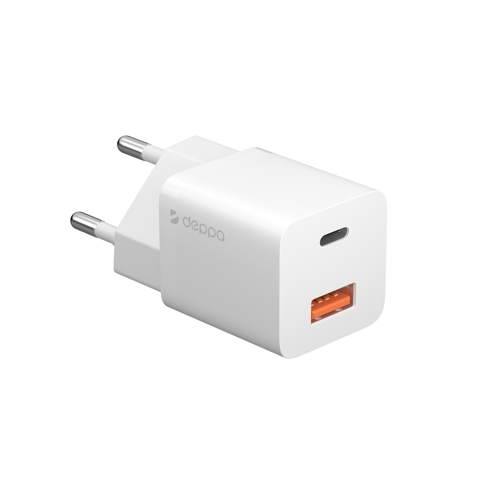 Сетевое зарядное устройство Deppa 11398, USB-C + USB-A, PD 3.0, QC 3.0, GaN, 20 Вт, White (Белый)