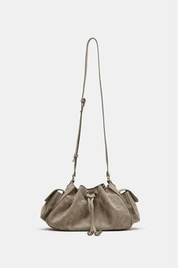 ZARA МИНИ-СУМКА ИЗ КОЖИ СО СБОРКАМИ, СЕРЫЙ