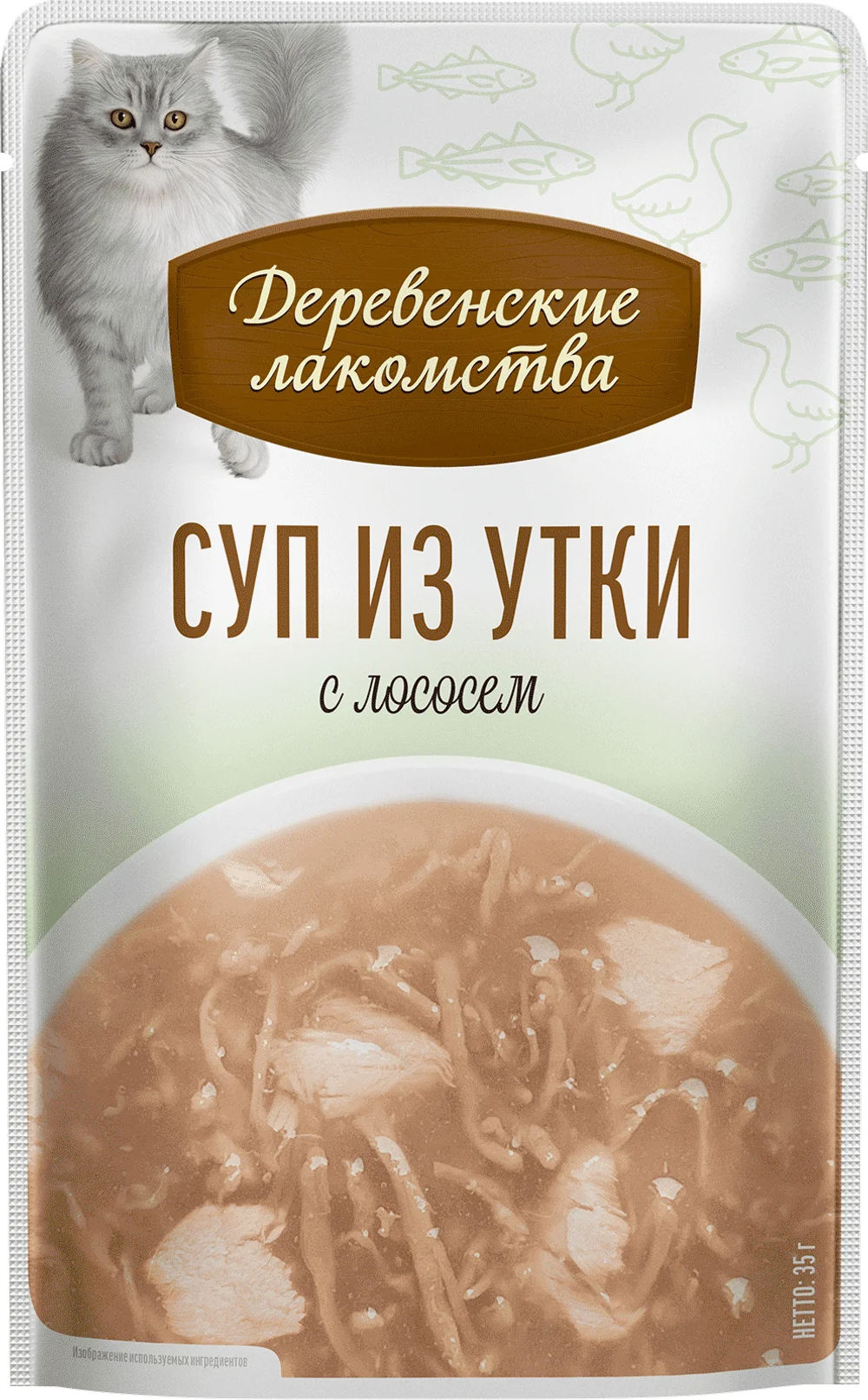 ДЕРЕВЕНСКИЕ ЛАКОМСТВА Влажное лакомство для кошек, суп из утки с лососем 0,035 кг