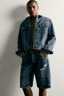 ZARA ДЖИНСОВЫЕ ШОРТЫ BAGGY FIT СО ШВАМИ, СИНИЙ