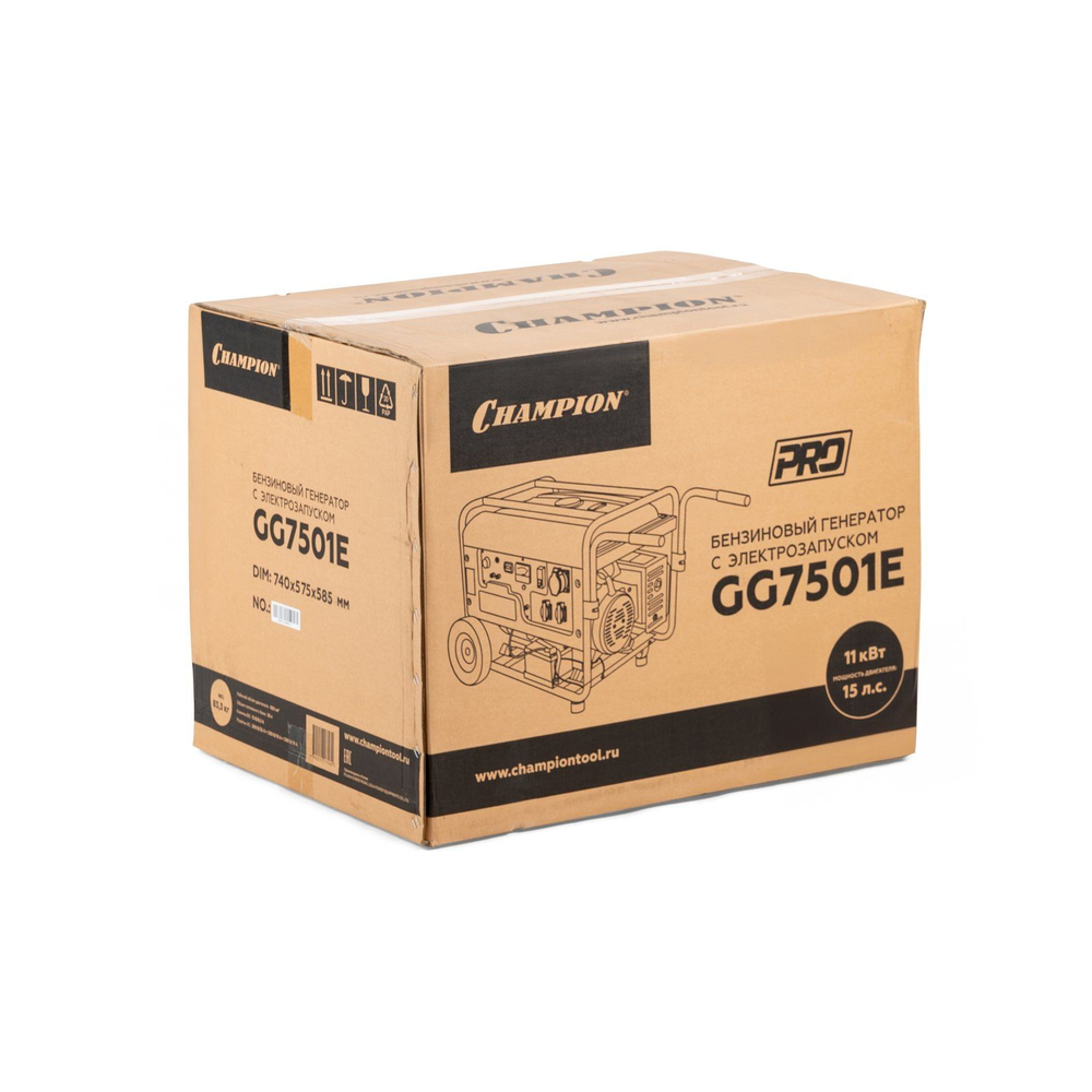Генератор CHAMPION GG7501E (PRO 6/6,5кВт 15лс 25л 12В 83,3кг, эл.стартер, счетчик, колеса)