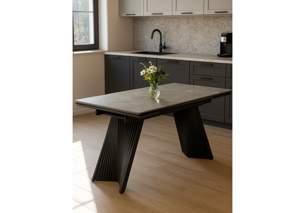 Керамический стол Woodville Вейв 160(220)х89 larka grey, черный