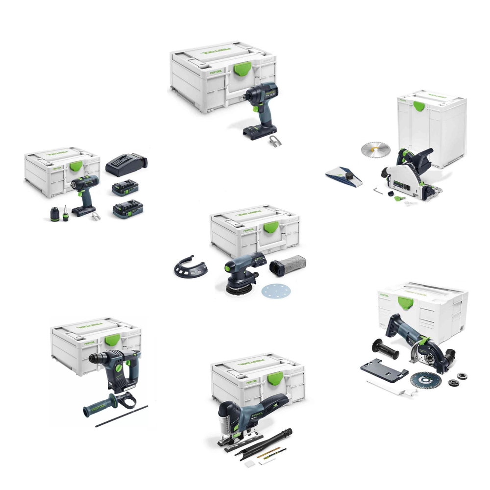 Новинка! Комплект аккумуляторный FESTOOL ПРОФЕССИОНАЛЬНЫЙ: Дрель - шуруповерт с двумя аккумуляторами, быстрозарядным устройством, Импульсная дрель-шуруповерт, Перфоратор, Погружная пила TSC 55, Маятниковый лобзик, Шлифовальная машинка, Алмазная ручная отрезная система с УШМ в систейнерах N0156-7AM
