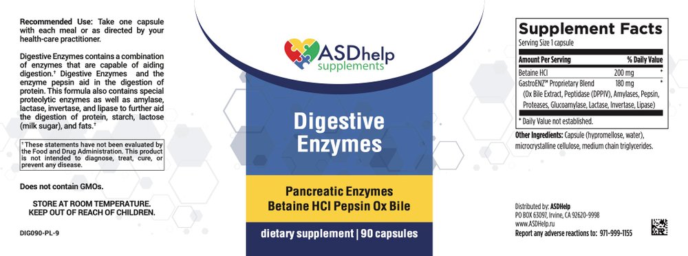 Digestive enzymes with HCI + Ox bile 90 capsules — этикетка (Supplement Facts)