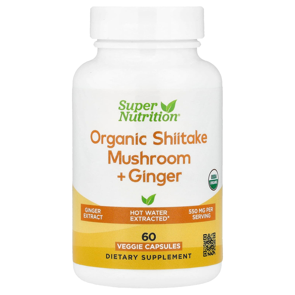 Super Nutrition, органический гриб шиитаке, имбирь, органический пуллулан и концентрат органической рисовой шелухи, 60 вегетарианских капсул