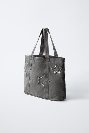ZARA ДЖИНСОВАЯ СУМКА-ШОПЕР СО ЗВЕЗДАМИ, ЧЕРНЫЙ