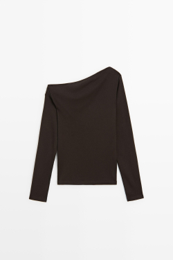 Massimo Dutti Футболка с драпировкой на плече, коричневый