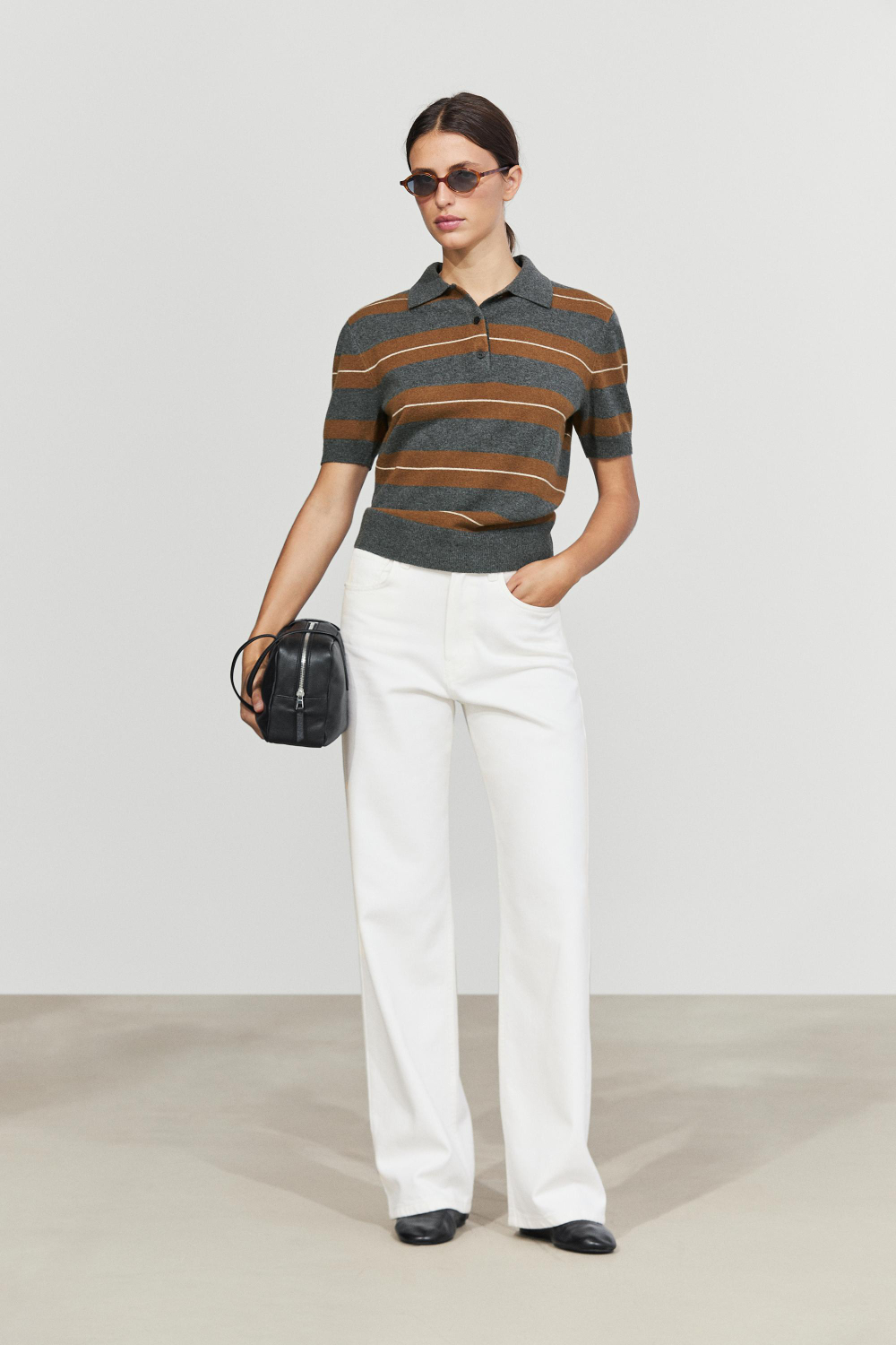 Massimo Dutti Трикотажное поло в полоску из 100% шерсти, серый