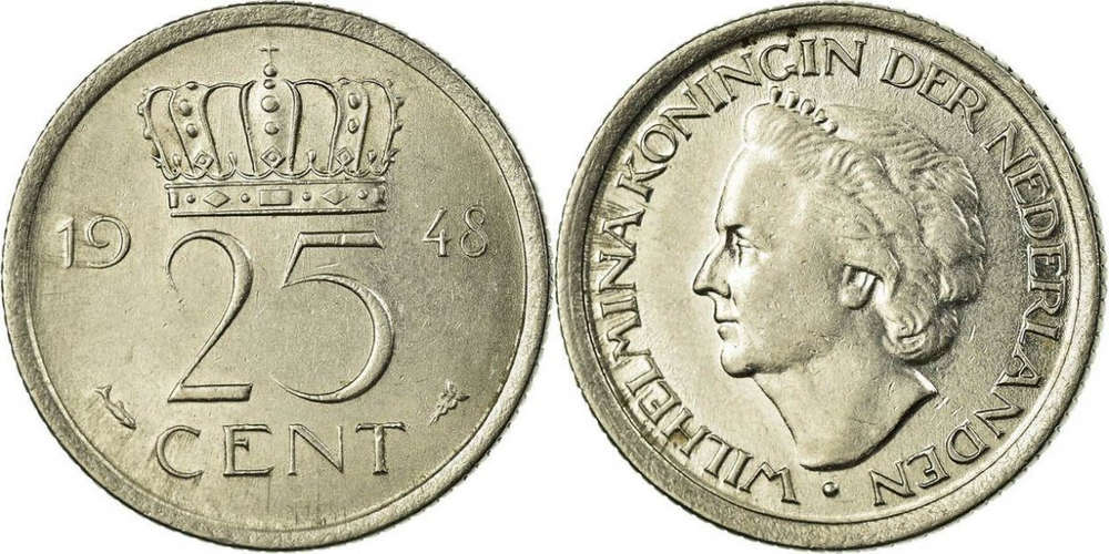 Нидерланды 25 центов, 1948 Королева Вильгельмина XF