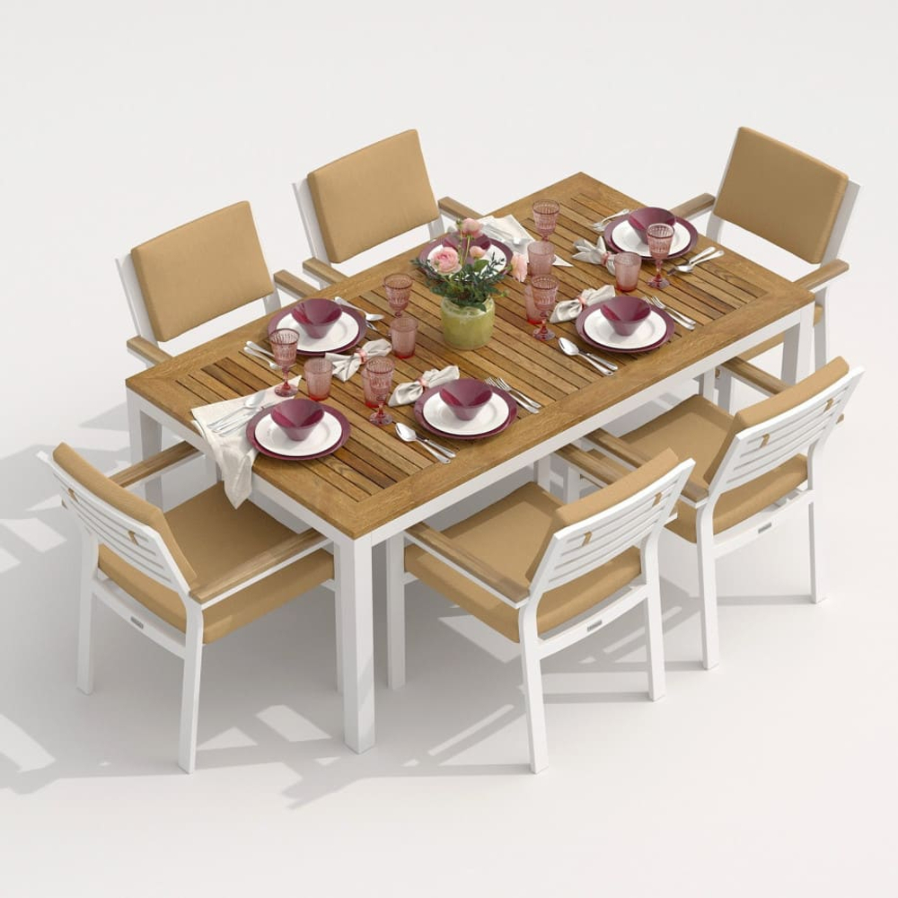 Обеденная группа Ideal Patio ТЕЛЛА  БОНТА каркас белый, стол тик 180, ткань бежевая