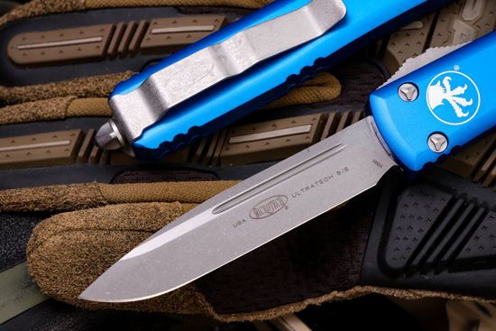 Microtech Ultratech S/E - нож автомат., синяя алюм. рук-ть, клинок апокалиптик