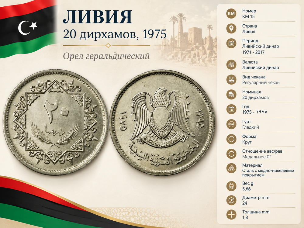 Ливия 20 дирхамов, 1975 Герб XF