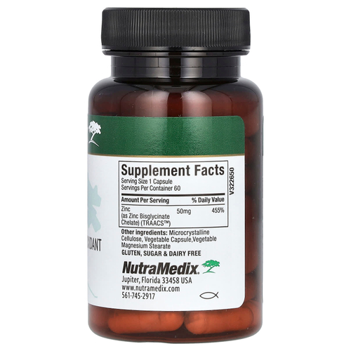 NutraMedix, Цинк, для поддержки иммунитета, кожи и антиоксидантов, 50 мг, 60 вегетарианских капсул