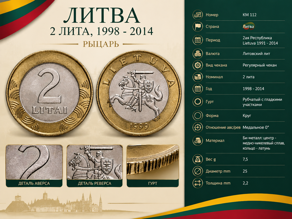 Литва 2 лита, 1999 Рыцарь XF