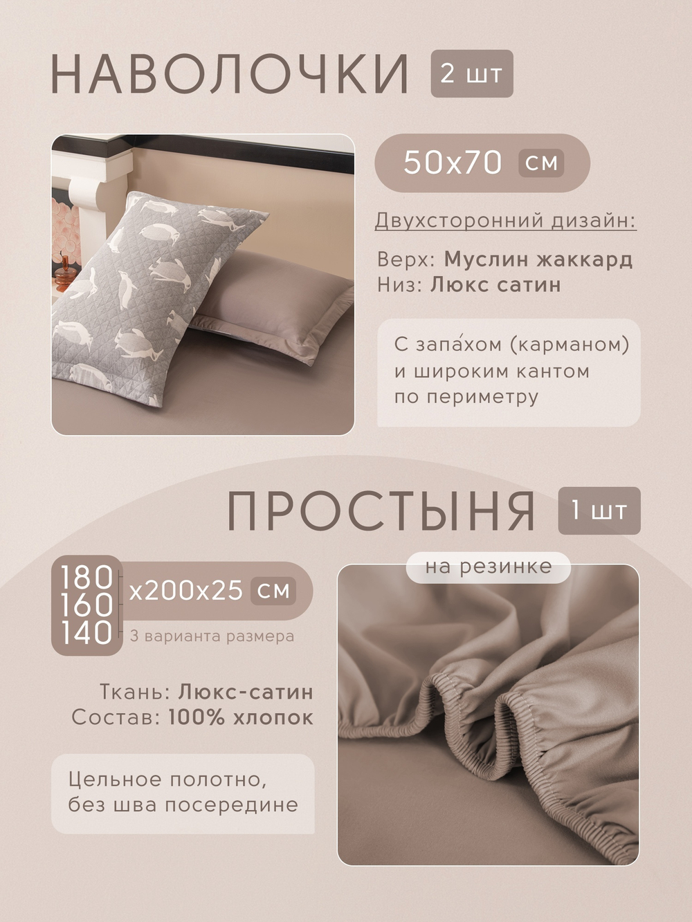 КПБ на резинке Сатин Aurora Veil AVR001, Евро, наволочки 50-70 2 шт, простынь 140*200*25