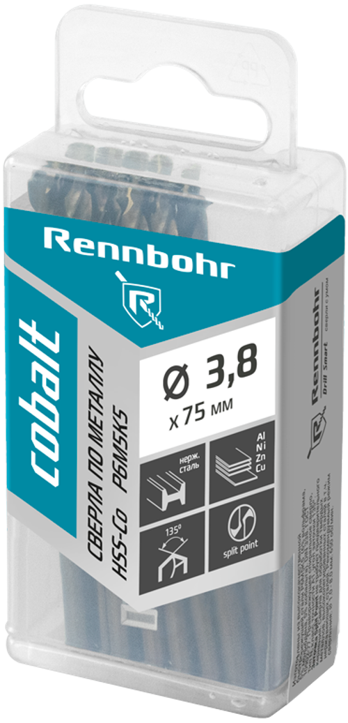 Сверло по металлу, ЦХ, 3,8х75мм, HSS-Co, Р6М5К5, 20шт/уп RENNBOHR COBALT PROM