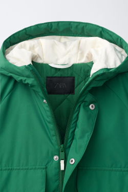 ZARA ПАРКА WATER REPELLENT С КОНТРАСТНЫМИ ДЕТАЛЯМИ, ЗЕЛЕНЫЙ