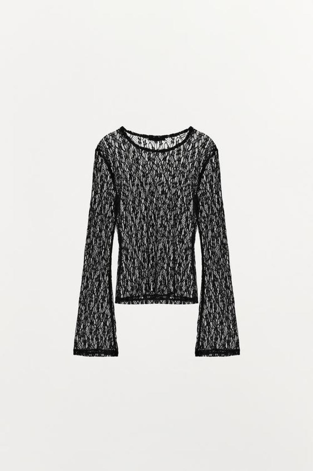 ZARA КРУЖЕВНОЙ ТОП С РУКАВАМИ-КОЛОКОЛАМИ, ЧЕРНЫЙ