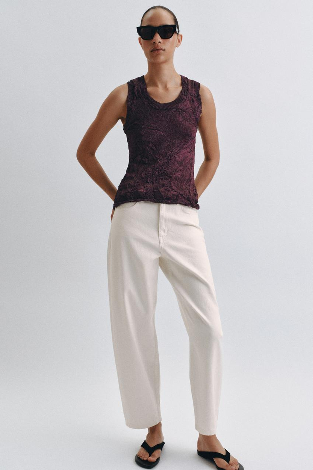 ZARA ТОП ИЗ ЖАТОГО ТРИКОТАЖА, БАКЛАЖАННЫЙ