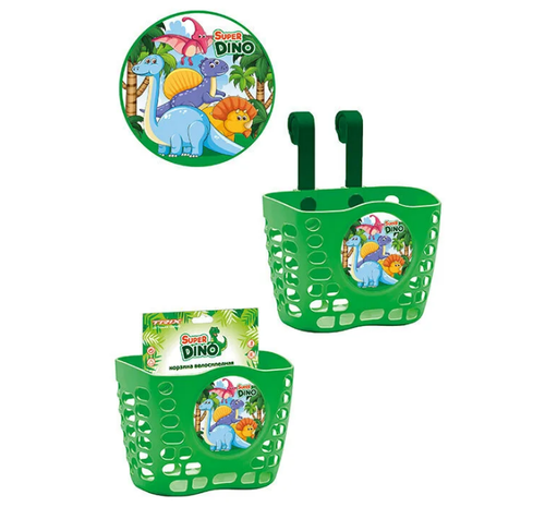 Корзина TRIX Super Dino детская 12"-16", крепление на руль, 190х125х140мм, пластиковая, зеленая