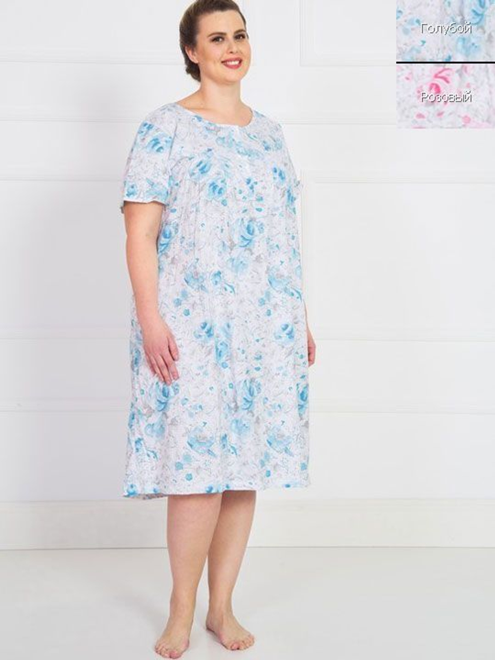Свободная домашняя сорочка с крупным цветочным рисунком (Размер: XL) (Цвет: розовый)