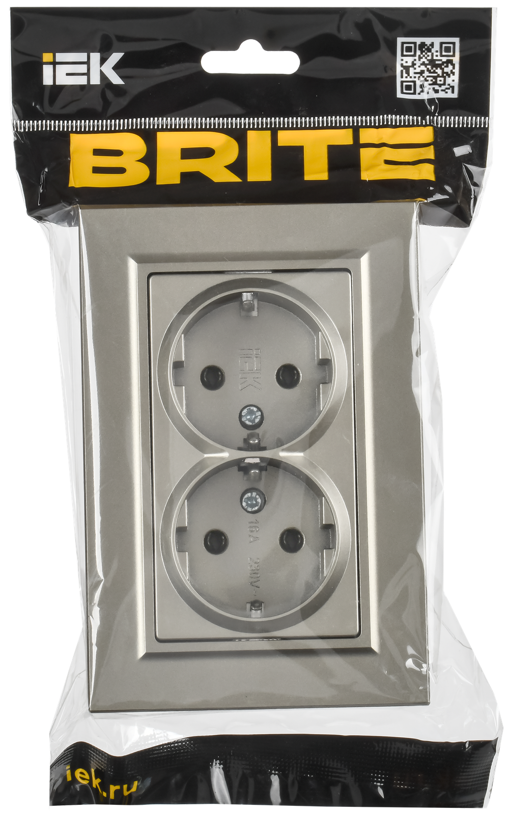 BRITE Розетка 2-местная с заземлением без защитных шторок плоская 16А в сборе РСПл12-3-БрШ шампань IEK