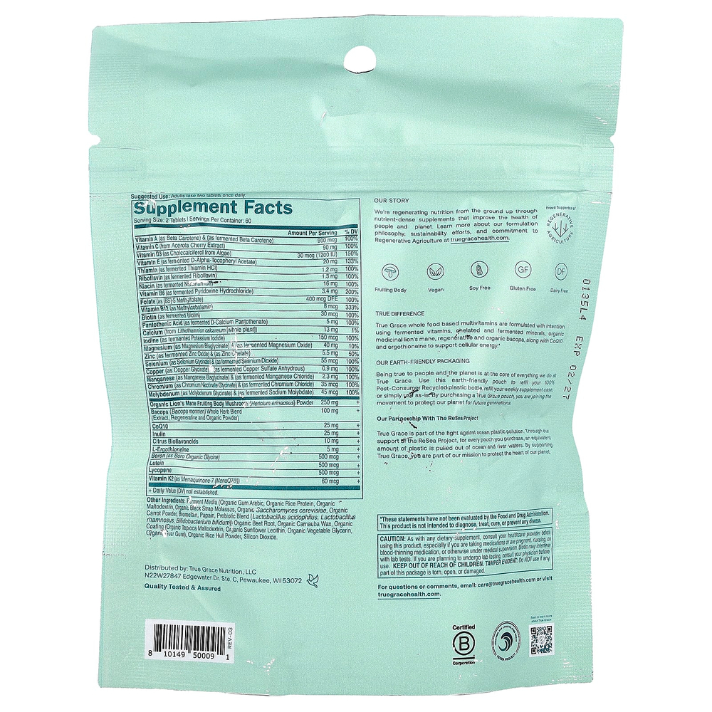 True Grace, Daily Men's Multivitamin 50+, 120 Easy-to-Swallow Tablets
