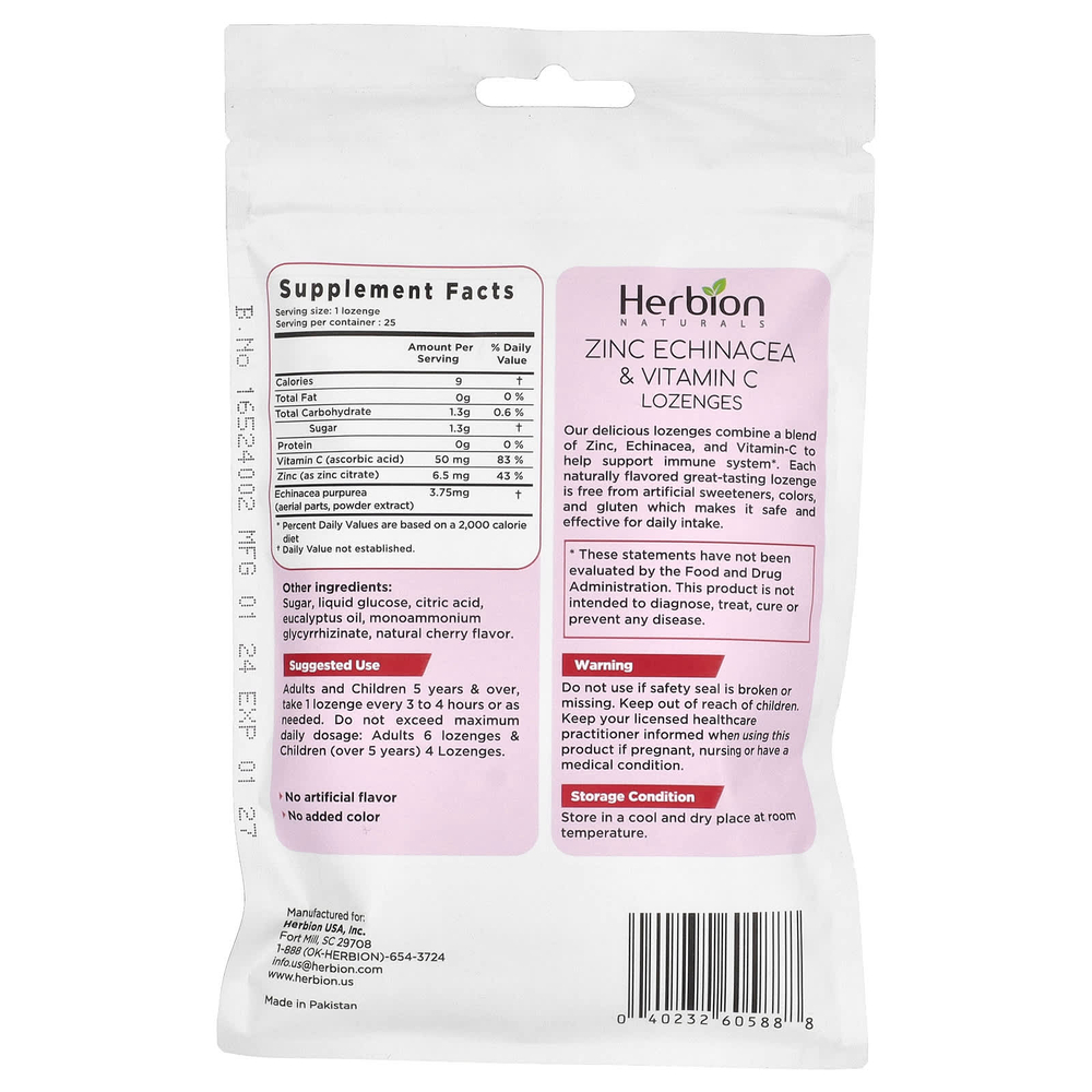 Herbion Naturals, Леденцы с цинком и эхинацеей и витамином C, вишня, 25 пастилок