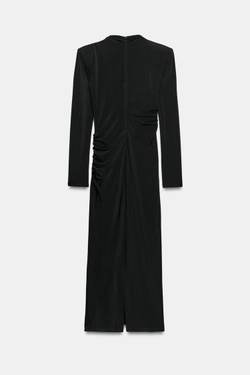 ZARA ПЛАТЬЕ МИДИ СО СБОРКАМИ И ПОДПЛЕЧНИКАМИ, ЧЕРНЫЙ