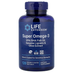 Life Extension, супер омега-3, рыбий жир с ЭПК и ДГК, лигнаны кунжута и экстракт оливы, 120 капсул, покрытых кишечнорастворимой оболочкой