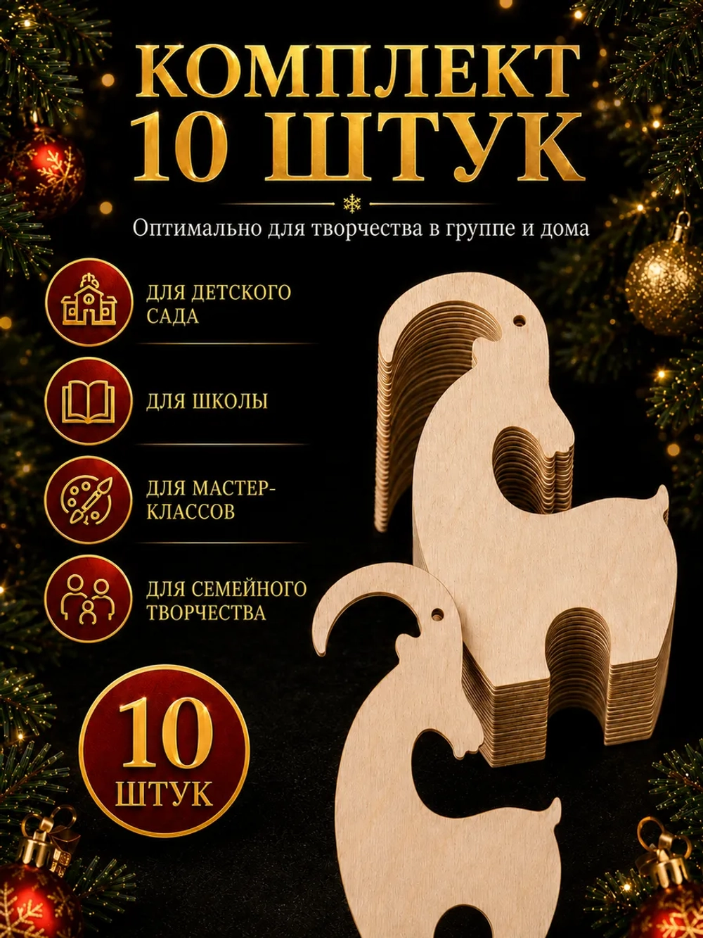 Ёлочные украшения Коза 2027 деревянные, набор 10 шт