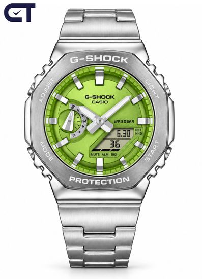CASIO GM-2110D-3ADR G-SHOCK мужские наручные часы — металлическая G-SHOCK 2100 со стальным браслетом и зелёным циферблатом