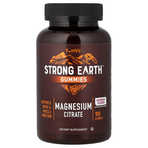 YumVs, Жевательные мармеладки Strong Earth, цитрат магния, малина и персик, 90 жевательных таблеток