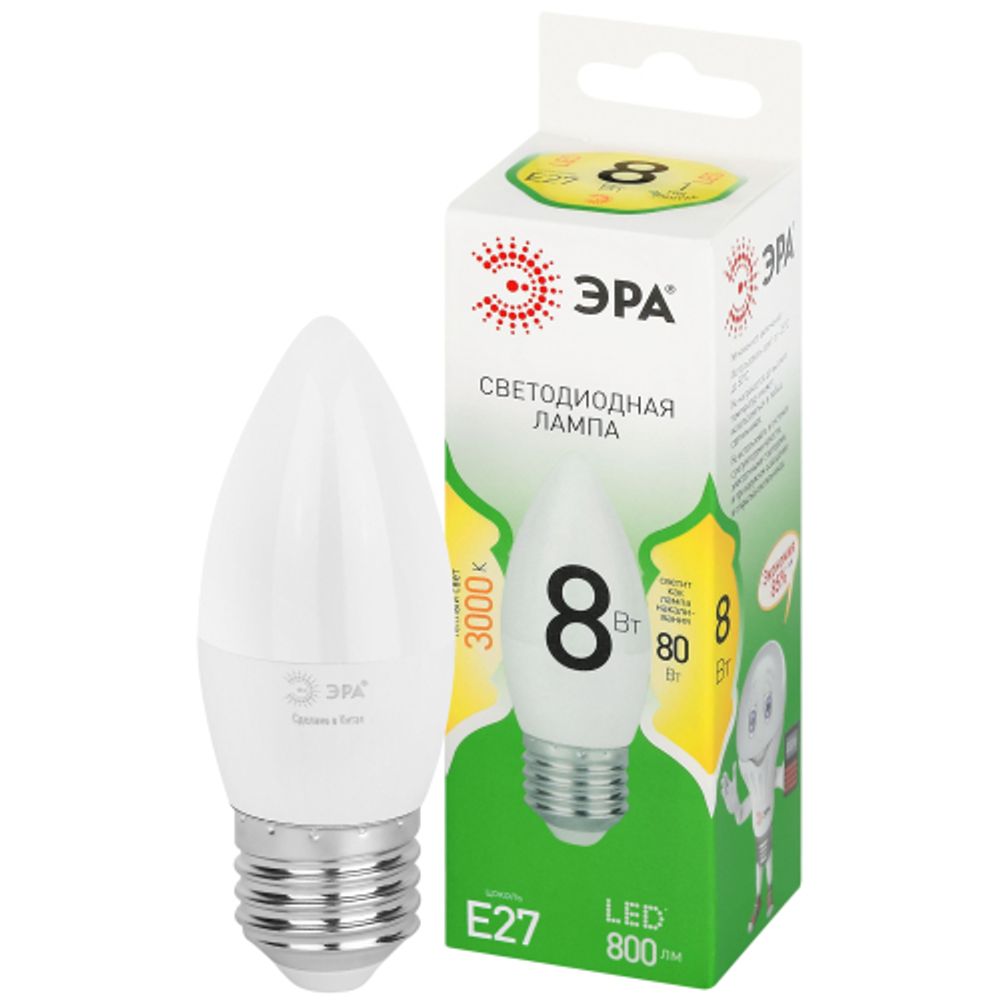 Лампа светодиодная ЭРА GREEN LINE LED B35-8W-830-E27 GL 8Вт свеча теплый свет E27 | Лампы cветодиодные Свеча (B/C)