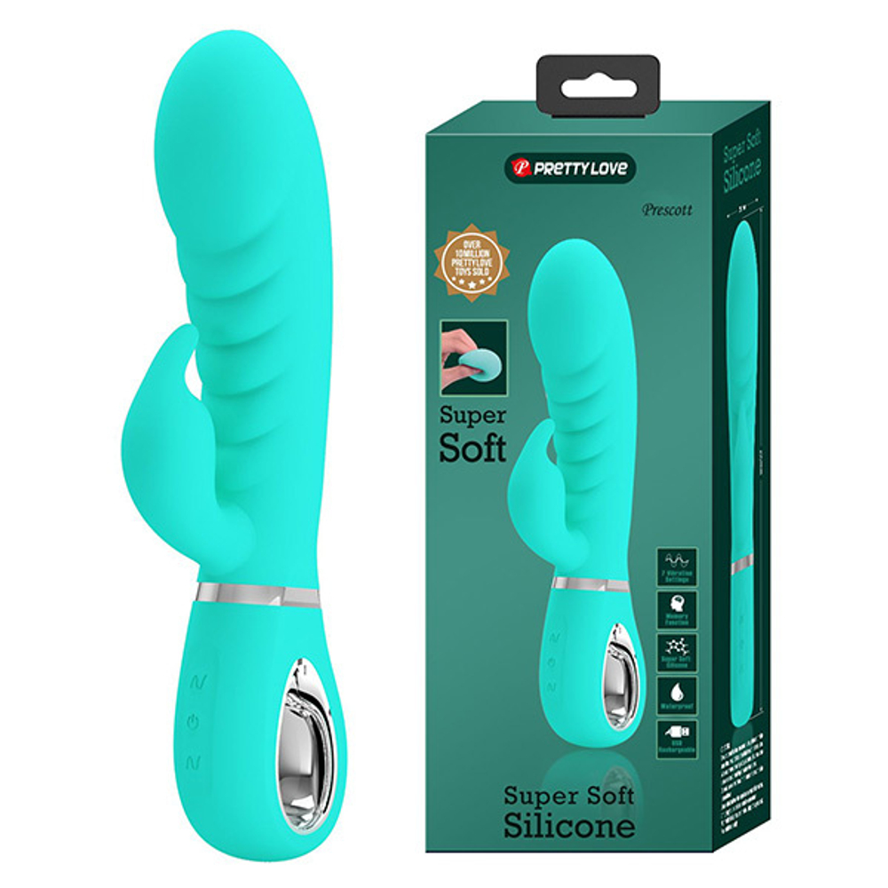 Бирюзовый вибратор-кролик 20см с ребрышками Pretty Love Prescott BI-014635-4