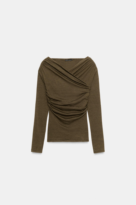 ZARA ДРАПИРОВАННЫЙ ТОП С ЗАПАХОМ, ЗЕЛЕНЫЙ МЕЛАНЖ