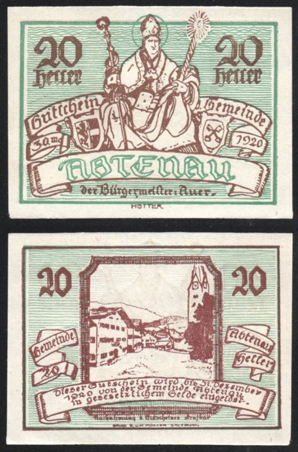 Австрия 20 геллеров 1920 Абтенау aUNC