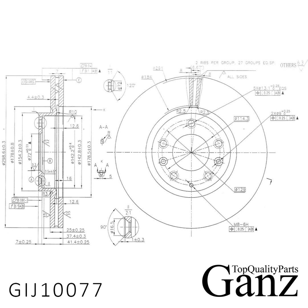 Диск тормозной передний с покрытием MAZDA 6 07 /Vent D=299mm GANZ GIJ10077