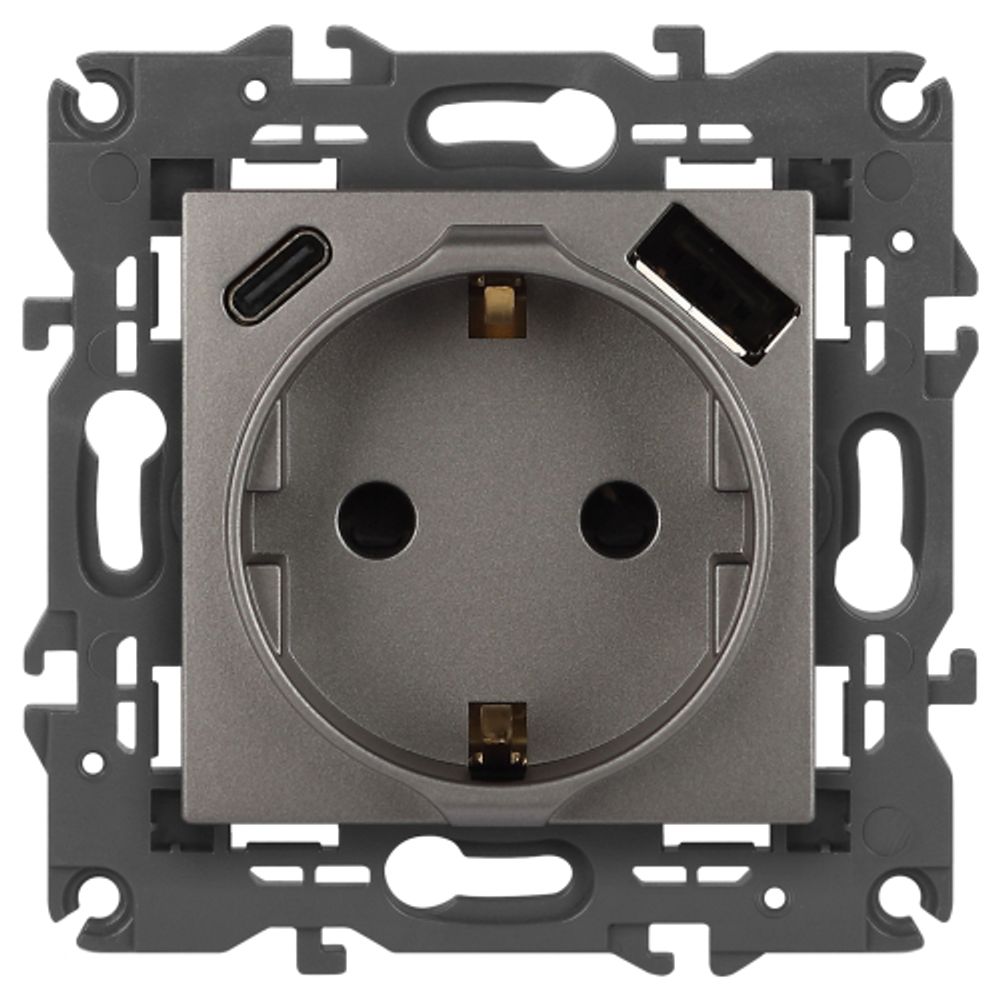 Розетка ЭРА Elegance 14-4108-16 2P+E 16A-250В со шторками с USB type-A+C 5В-3А титан | Эра Elegance