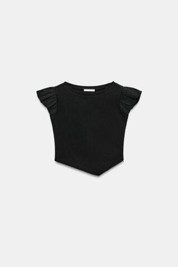 ZARA ФУТБОЛКА С КОРОТКИМИ РУКАВАМИ И ВОЛАНАМИ, ЧЕРНЫЙ