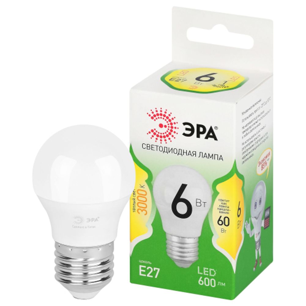 Лампа светодиодная ЭРА GREEN LINE LED P45-6W-830-E27 GL 6Вт шар теплый свет E27 | Лампы cветодиодные Шар (G/P)