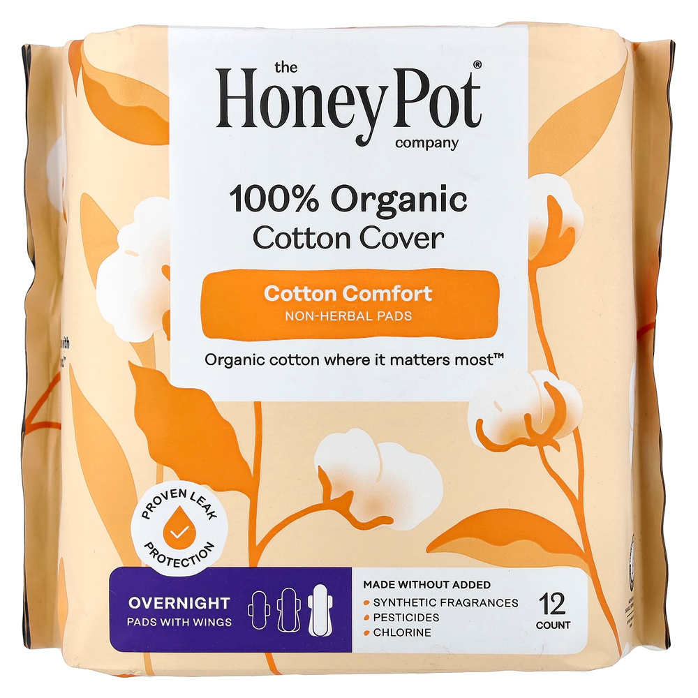 The Honey Pot Company, прокладки с крылышками из 100% органического хлопка, не травяные, ночные, 12 штук