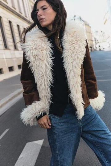 ZARA КОМБИНИРОВАННАЯ КУРТКА ИЗ ИСКУССТВЕННОГО МЕХА, КОРИЧНЕВЫЙ