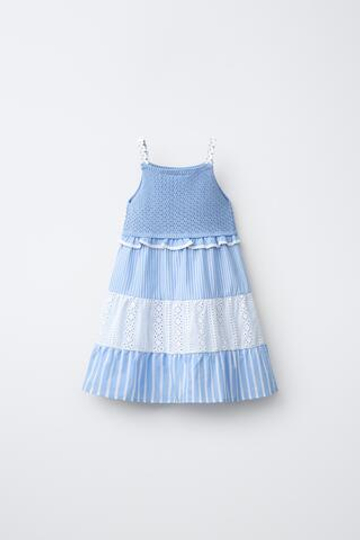 ZARA ТРИКОТАЖНОЕ ПЛАТЬЕ В ПОЛОСКУ С АЖУРНОЙ ВЫШИВКОЙ, СИНИЙ/БЕЛЫЙ