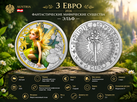 Австрия 3 евро, 2026 Мифические существа — эльф