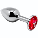 Серебристая анальная втулка с красным кристаллом Mini Metal Butt Plug Size S - 7 см. (Цвет: красный)