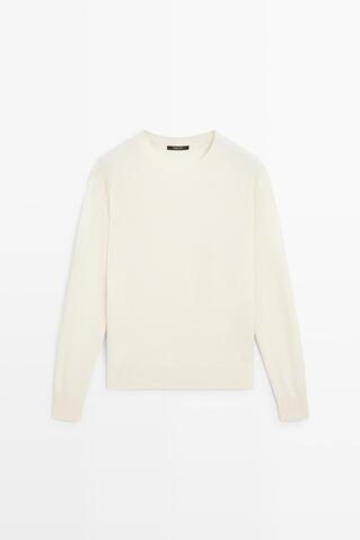 Massimo Dutti Вязаный свитер с круглым вырезом из смесовой шерсти, натуральный/кремовый