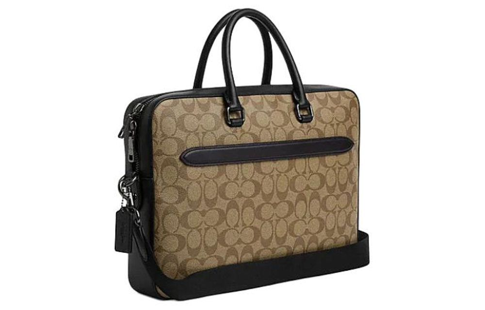 COACH ETHAN PVC Portable One Shoulder Crossbody Briefcase Large Men"s Bronze Hardware & Khaki & Black
