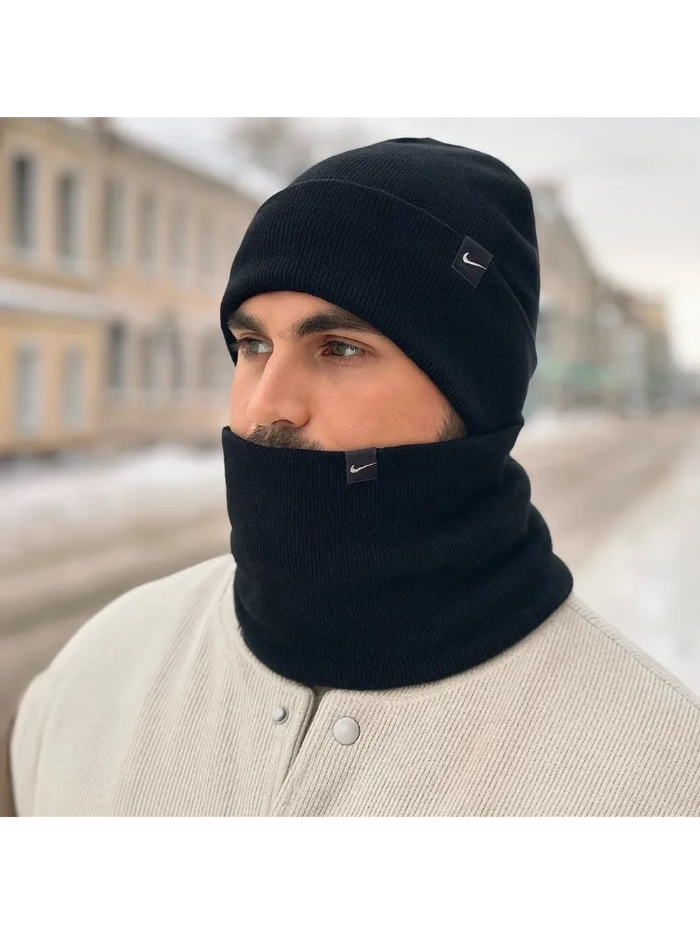 Зимний комплект вязаная шапка бини и тёплый снуд-бафф